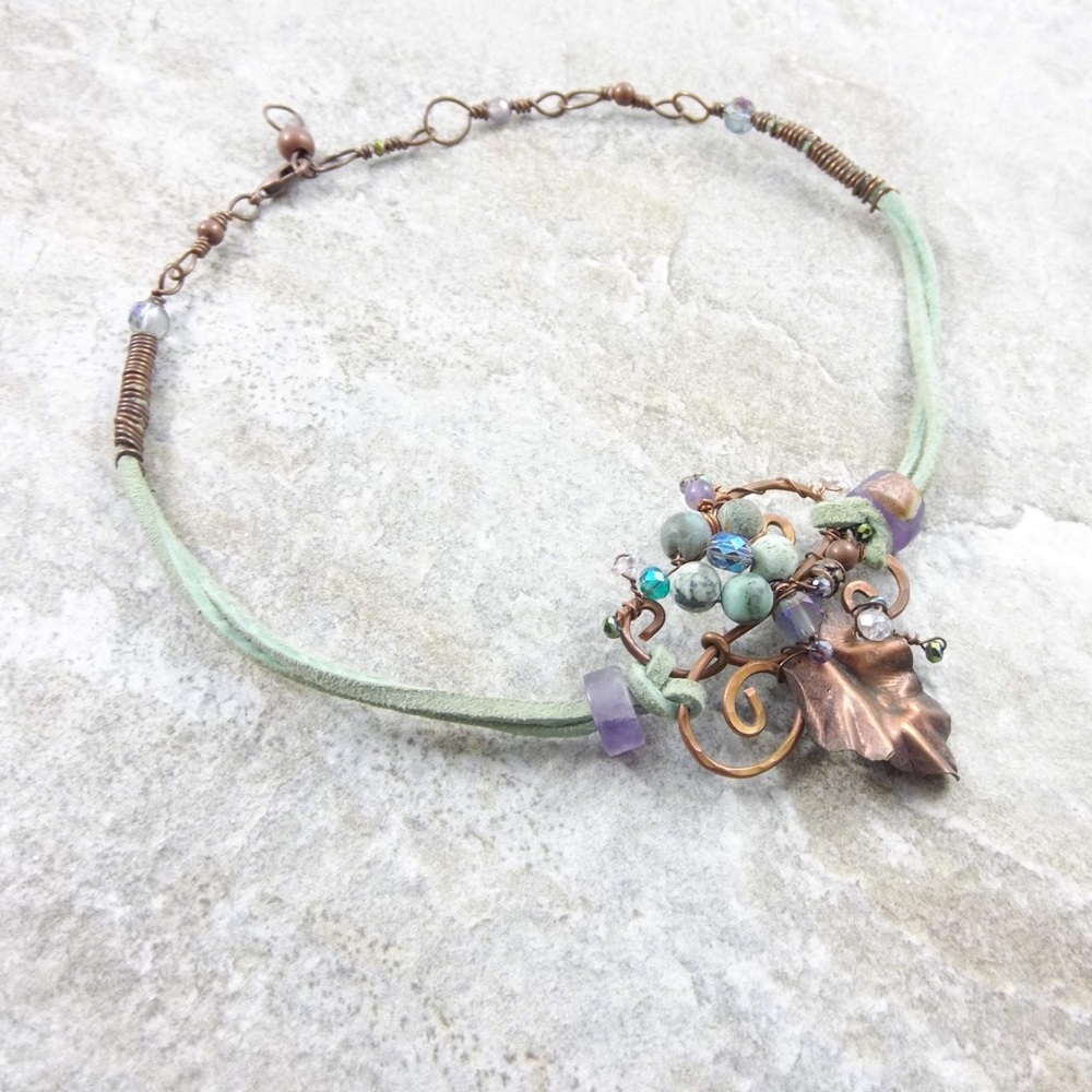 Handcrafted copper, turquoise, and amethyst choker